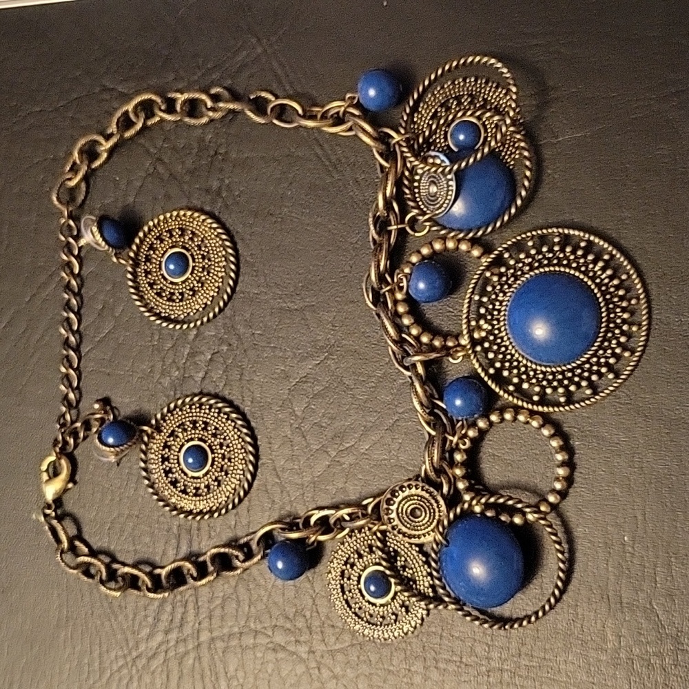 Premier Designs Brass and Indigo necklace and earrings set